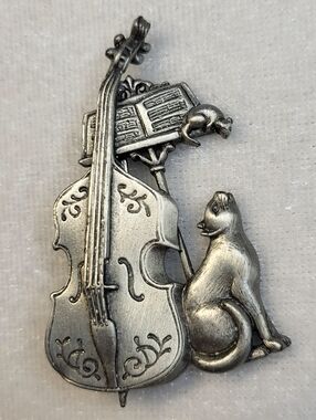 Vintage JJ Jonette Cat Mouse And Cello Pewter Brooch / Pin